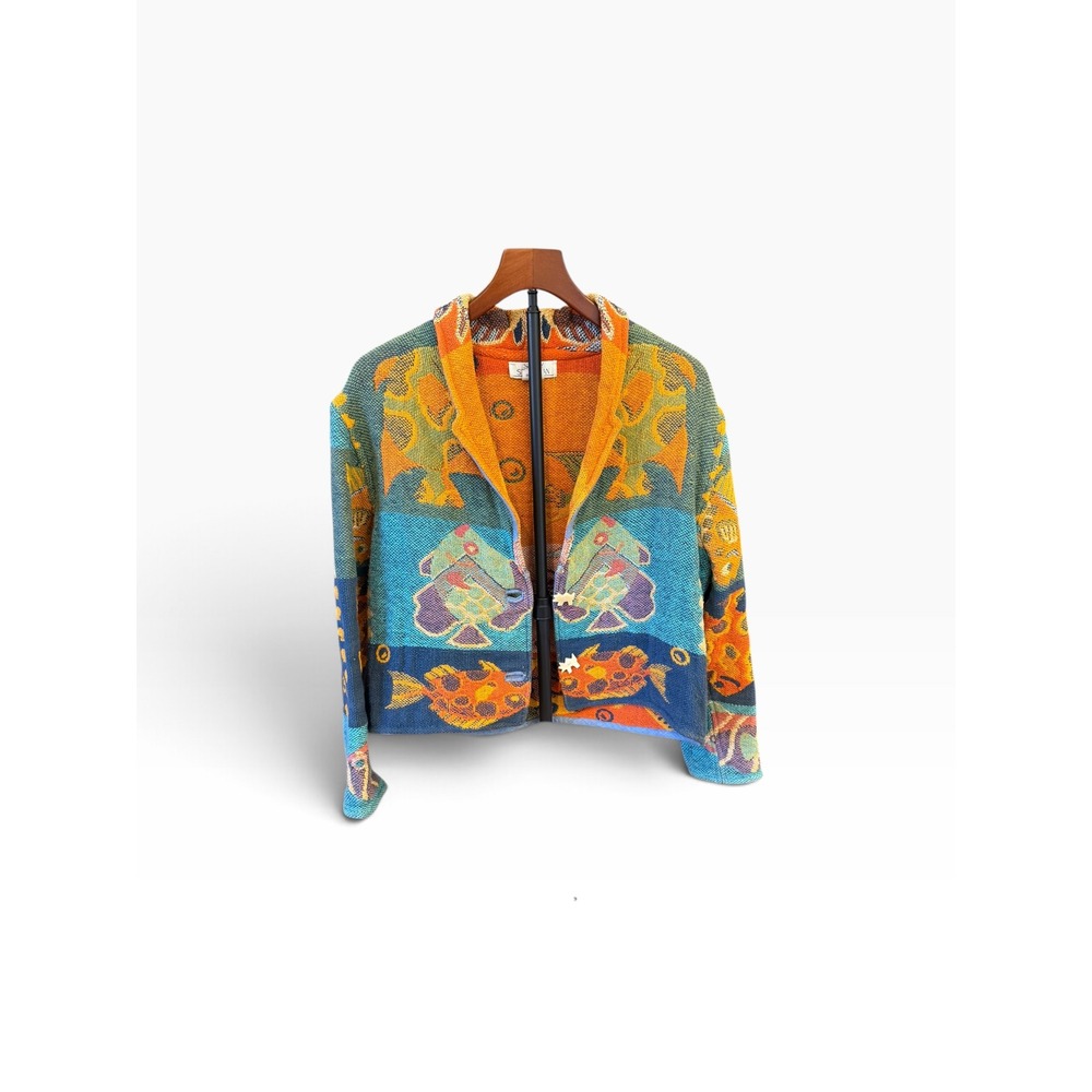 Sandy Starkman vintage 90s Fish Tapestry Jacket Small Cotton Woven Art Cardigan